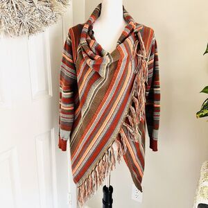 Gorgeous Double Button Open Front Knitted Fringe Slash Cardigan Boho Earthy ~ Sm
